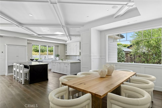 1456 Key Vw, Corona Del Mar, CA 92625 - dining room with coffered ceiling, dark wood finished floors, beamed ceiling, recessed lighting, and a decorative wall