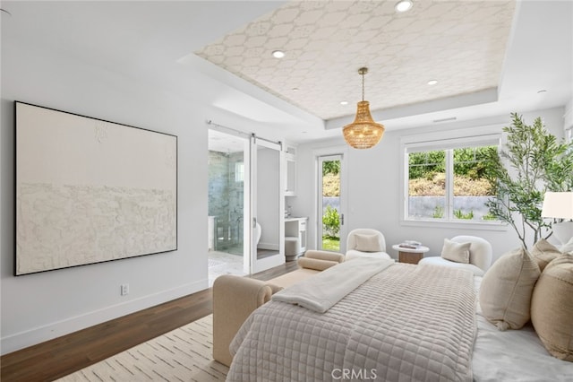 1456 Key Vw, Corona Del Mar, CA 92625 - bedroom featuring a raised ceiling, a barn door, access to exterior, wood finished floors, and recessed lighting