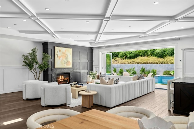 1456 Key Vw, Corona Del Mar, CA 92625 - living area with coffered ceiling, wood finished floors, a decorative wall, a fireplace, and recessed lighting