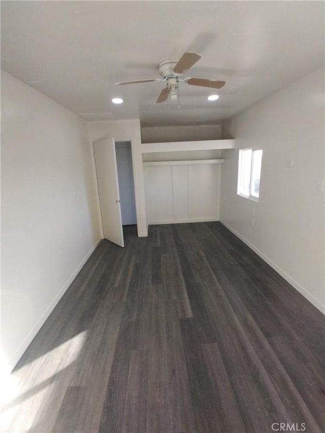 40575 Summerset Rd, Newberry Springs, CA 92365 - unfurnished bedroom featuring recessed lighting, dark wood-type flooring, and ceiling fan