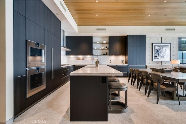 35411 Beach Rd, Dana Point, CA 92624 - kitchen featuring wood ceiling, modern cabinets, light countertops, ventilation hood, and open shelves