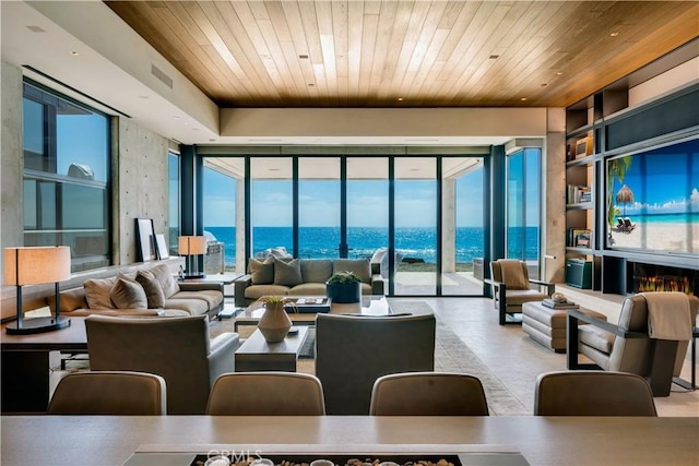 35411 Beach Rd, Dana Point, CA 92624 - living room with a wall of windows, wood ceiling, and a water view