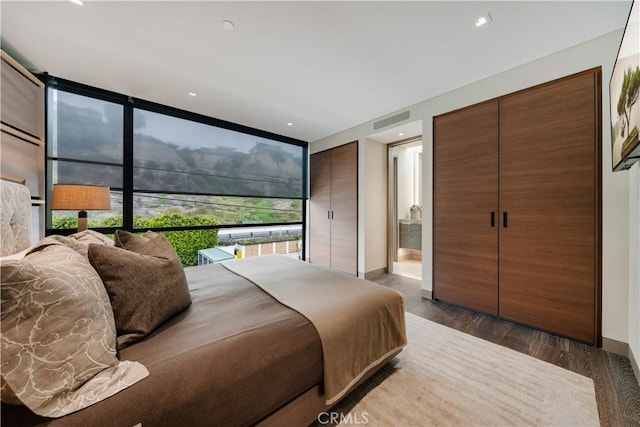 35411 Beach Rd, Dana Point, CA 92624 - bedroom with two closets, wood finished floors, floor to ceiling windows, and recessed lighting