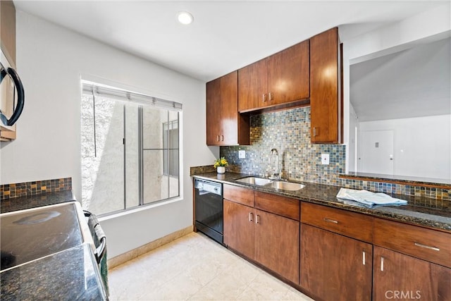 8210 Summertime Ln Unit 210, Culver City, CA 90230 - kitchen featuring black dishwasher, stainless steel range with electric stovetop, tasteful backsplash, dark stone counters, and recessed lighting