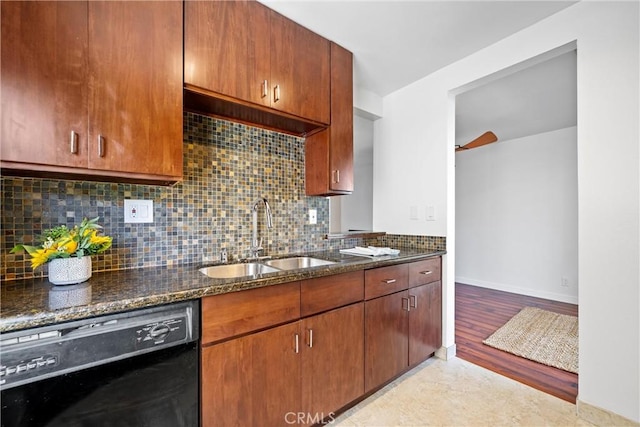8210 Summertime Ln Unit 210, Culver City, CA 90230 - kitchen featuring black dishwasher, dark stone countertops, backsplash, and ceiling fan