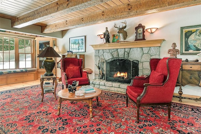 28971 N Shore Rd, Lake Arrowhead, CA 92352 - living room with a fireplace, a wooden ceiling with exposed beams, and wood finished floors