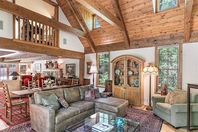 28971 N Shore Rd, Lake Arrowhead, CA 92352 - living area with a wood ceiling with exposed beams, wood finished floors, and high vaulted ceiling