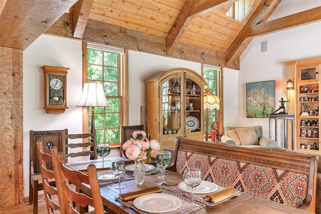 28971 N Shore Rd, Lake Arrowhead, CA 92352 - dining room featuring a wooden ceiling with exposed beams, wood finished floors, and high vaulted ceiling