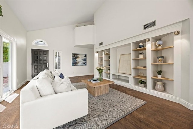 28245 Via Alfonse, Laguna Niguel, CA 92677 - living area featuring high vaulted ceiling, wood finished floors, and built in shelves