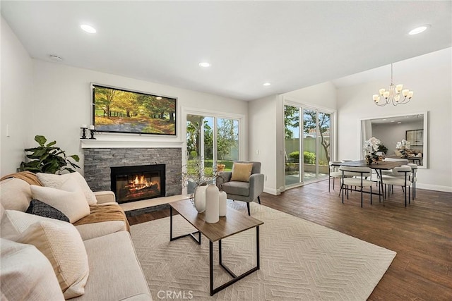 28245 Via Alfonse, Laguna Niguel, CA 92677 - living area featuring a fireplace, dark wood-type flooring, a chandelier, and recessed lighting