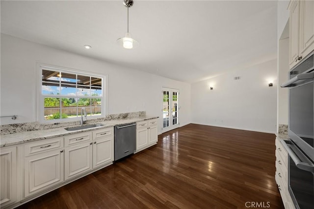 8291 Jennet St, Rancho Cucamonga, CA 91701 - kitchen with dishwasher, dark wood finished floors, french doors, light stone countertops, and white cabinets