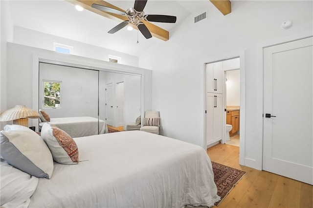 3119 Gibraltar Ave, Costa Mesa, CA 92626 - bedroom featuring light wood-type flooring, ceiling fan, ensuite bathroom, a closet, and high vaulted ceiling