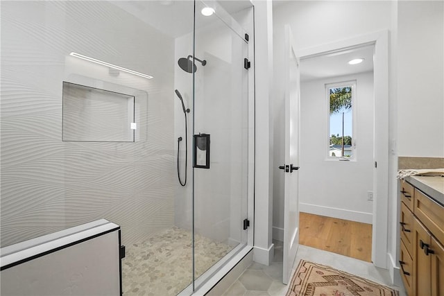 3119 Gibraltar Ave, Costa Mesa, CA 92626 - bathroom featuring a stall shower, vanity, recessed lighting, and tile patterned flooring