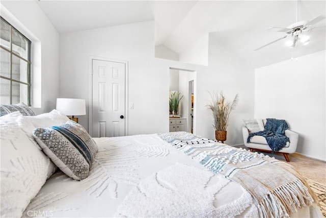 18051 Wakefield Ln Unit 106, Huntington Beach, CA 92648 - carpeted bedroom featuring lofted ceiling, a ceiling fan, and connected bathroom