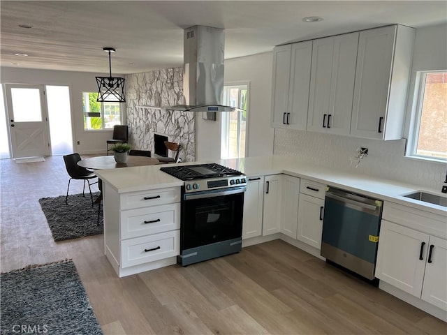 1350 Pleasant View Ave, Corona, CA 92882 - kitchen featuring stainless steel appliances, island exhaust hood, a peninsula, light wood-style floors, and plenty of natural light