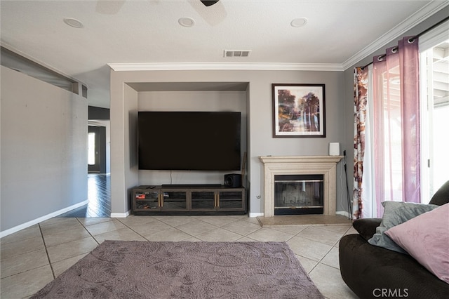 39269 Clear View Ct, Palmdale, CA 93551 - tiled living area with ornamental molding and a glass covered fireplace