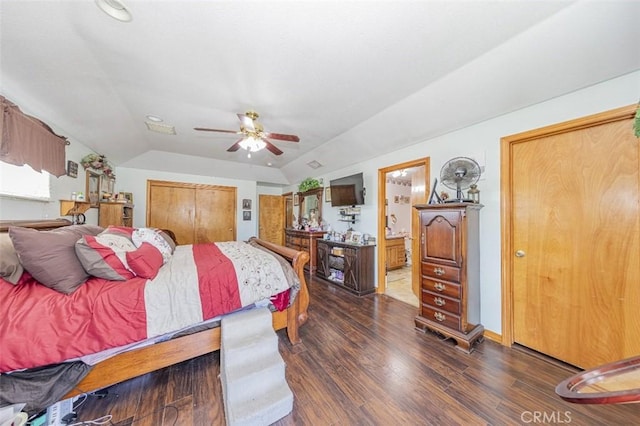35095 Rough Rider Way, Raymond, CA 93653 - bedroom with lofted ceiling, dark wood-style floors, a ceiling fan, and connected bathroom