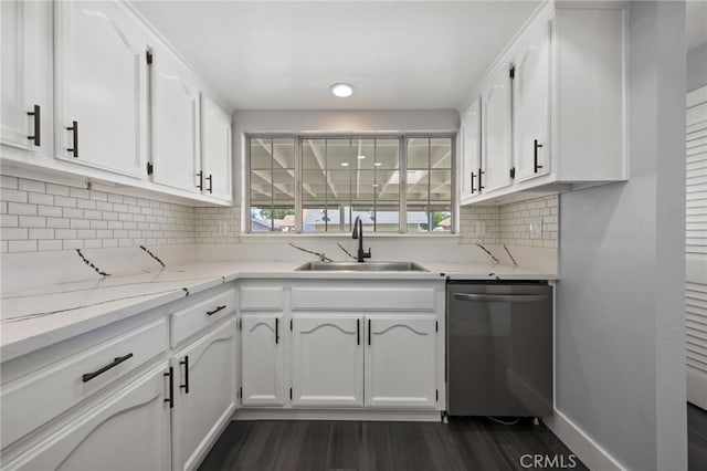 12950 7th St, Chino, CA 91710 - kitchen with dishwasher, dark wood-style flooring, white cabinetry, tasteful backsplash, and light stone counters
