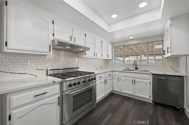 12950 7th St, Chino, CA 91710 - kitchen with stainless steel appliances, under cabinet range hood, white cabinets, dark wood finished floors, and light stone counters