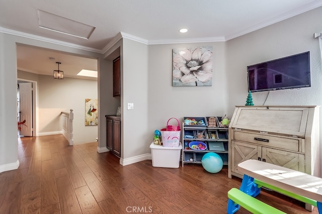 24813 Sagecrest Cir, Stevenson Ranch, CA 91381 - rec room featuring attic access, dark wood-type flooring, crown molding, and recessed lighting