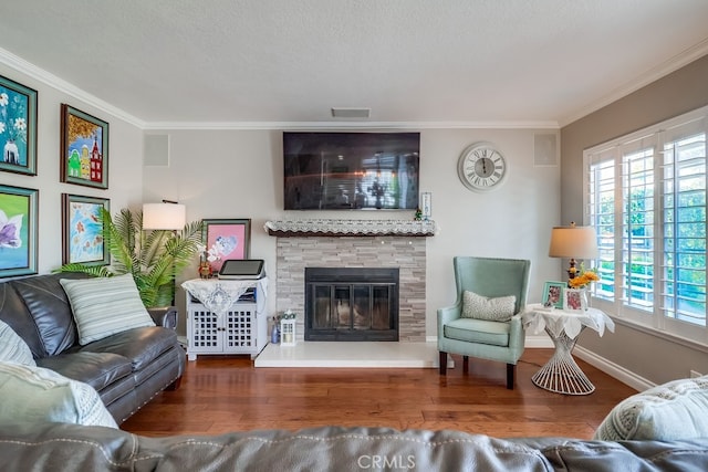 24813 Sagecrest Cir, Stevenson Ranch, CA 91381 - living area with ornamental molding, a stone fireplace, and wood finished floors