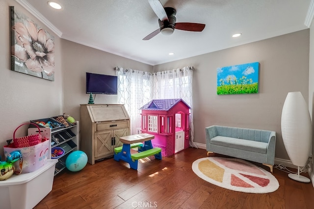 24813 Sagecrest Cir, Stevenson Ranch, CA 91381 - game room featuring wood finished floors, ornamental molding, a ceiling fan, and recessed lighting