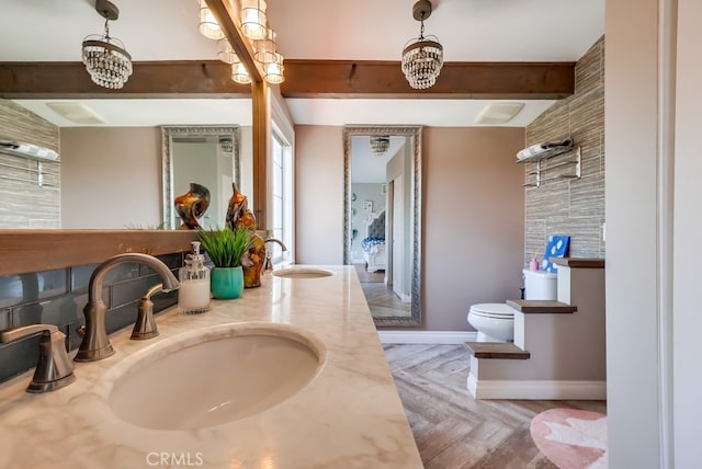 24813 Sagecrest Cir, Stevenson Ranch, CA 91381 - bathroom with beamed ceiling and double vanity