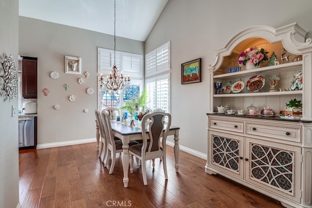 24813 Sagecrest Cir, Stevenson Ranch, CA 91381 - dining space with a chandelier, wood finished floors, and high vaulted ceiling