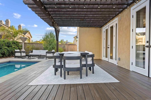 2830 Paradise Ridge Ct, Chula Vista, CA 91915 - wooden deck featuring a pergola, outdoor lounge area, a fenced backyard, outdoor dining area, and french doors