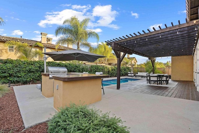 2830 Paradise Ridge Ct, Chula Vista, CA 91915 - view of patio / terrace with an outdoor kitchen, a pergola, outdoor dining space, and a deck