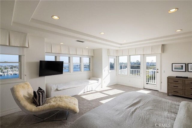 57 Cape Andover, Newport Beach, CA 92660 - living room featuring light carpet, a tray ceiling, healthy amount of natural light, and recessed lighting