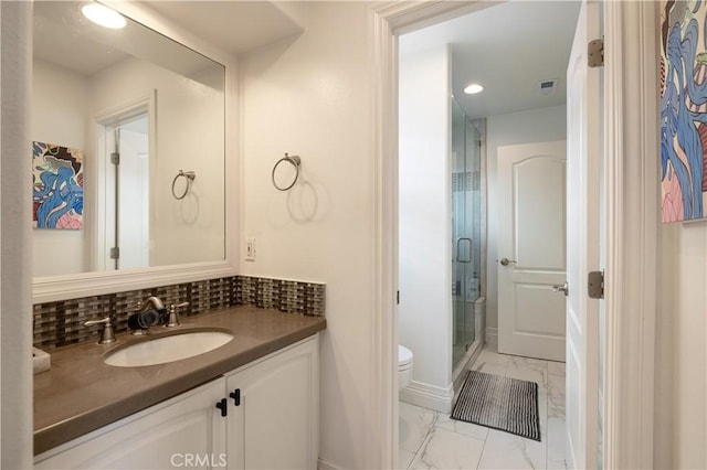 57 Cape Andover, Newport Beach, CA 92660 - full bathroom with marble finish flooring, vanity, a shower stall, backsplash, and recessed lighting