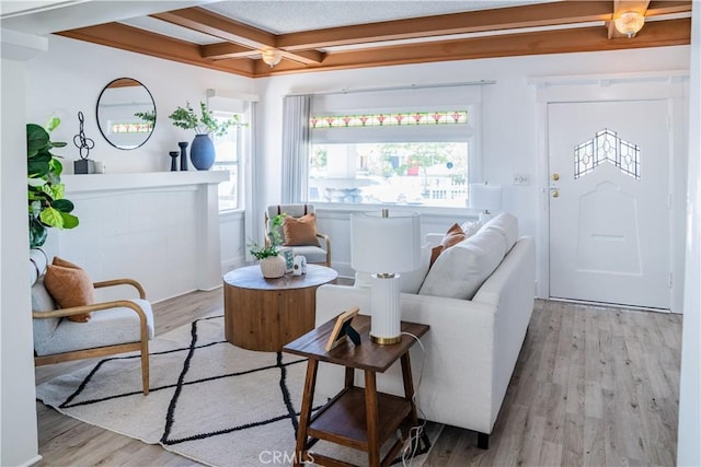 4216 Dalton Ave, Los Angeles, CA 90062 - living room featuring wood finished floors, beamed ceiling, and coffered ceiling
