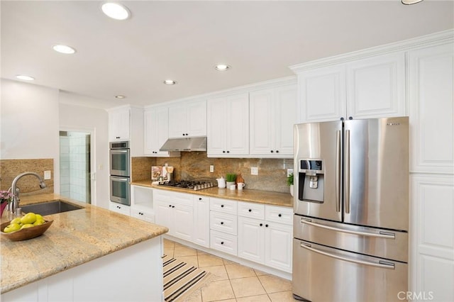 105 Via Capay, Palos Verdes Estates, CA 90274 - kitchen featuring appliances with stainless steel finishes, backsplash, under cabinet range hood, white cabinets, and recessed lighting