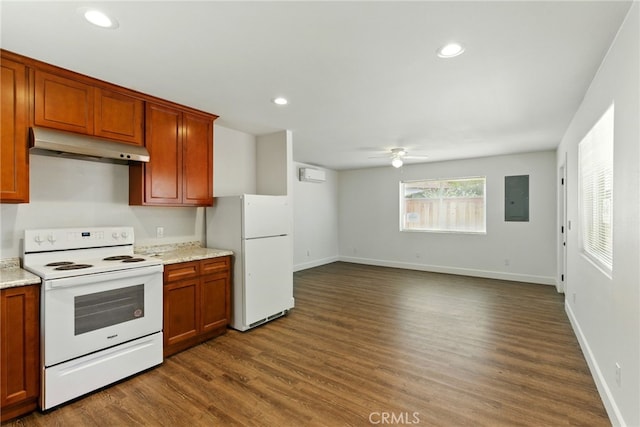4041 57th St, Sacramento, CA 95820 - kitchen with white appliances, under cabinet range hood, electric panel, a ceiling fan, and dark wood-type flooring