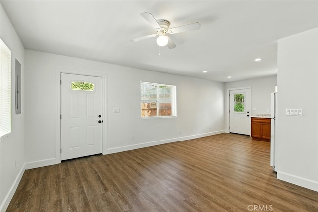 4041 57th St, Sacramento, CA 95820 - foyer entrance featuring wood finished floors, ceiling fan, recessed lighting, and electric panel