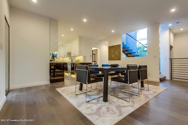 940 Burleigh Dr, Pasadena, CA 91105 - dining space with dark wood-style floors, stairs, and recessed lighting