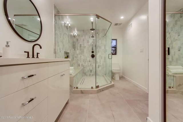 940 Burleigh Dr, Pasadena, CA 91105 - bathroom with vanity, tile patterned flooring, a shower stall, and recessed lighting