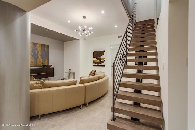 940 Burleigh Dr, Pasadena, CA 91105 - staircase with recessed lighting, carpet, and a chandelier