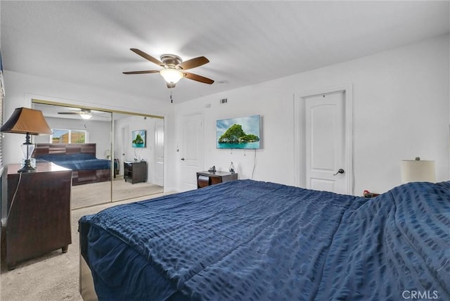 195 Morristown Ln, Costa Mesa, CA 92626 - bedroom with light colored carpet, ceiling fan, and a closet