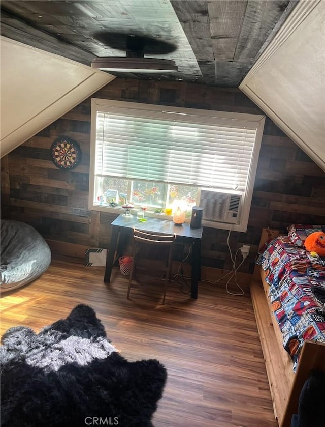 6070 Manzanita Ct, Angelus Oaks, CA 92305 - bedroom featuring wood walls, wood finished floors, and vaulted ceiling