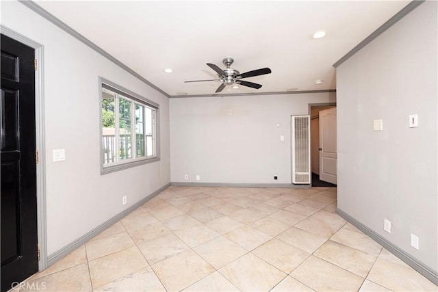 12711 Leroy Ave, Garden Grove, CA 92841 - spare room with ornamental molding, a ceiling fan, recessed lighting, and light tile patterned flooring