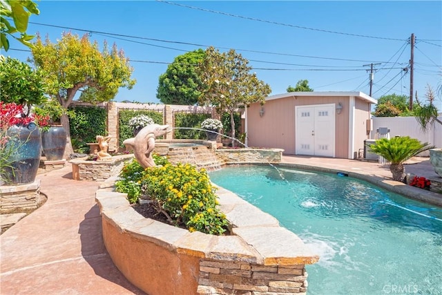 12711 Leroy Ave, Garden Grove, CA 92841 - view of swimming pool featuring an outdoor structure, a fenced backyard, a pool with connected hot tub, and a patio area