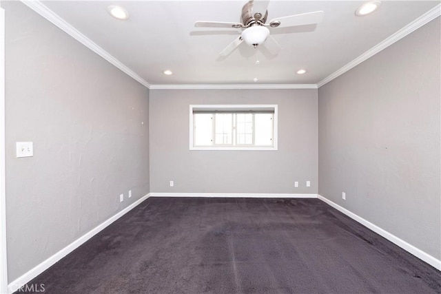 12711 Leroy Ave, Garden Grove, CA 92841 - unfurnished room with recessed lighting, a ceiling fan, dark colored carpet, and ornamental molding