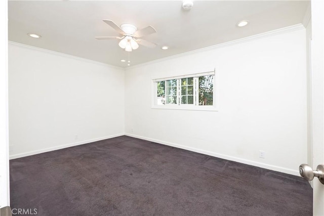 12711 Leroy Ave, Garden Grove, CA 92841 - unfurnished room with ceiling fan, dark colored carpet, ornamental molding, and recessed lighting