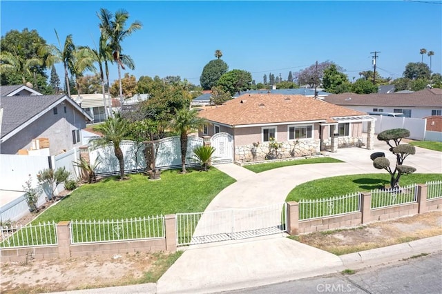 12711 Leroy Ave, Garden Grove, CA 92841 - ranch-style home featuring a fenced front yard, a gate, stone siding, and curved driveway