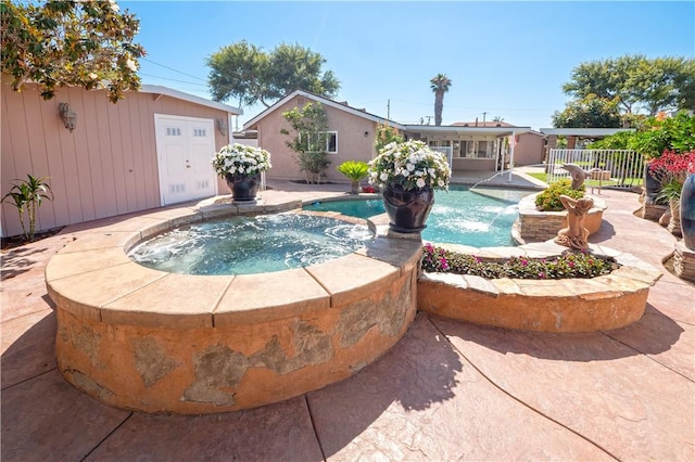 12711 Leroy Ave, Garden Grove, CA 92841 - view of pool with a patio, an outbuilding, and a pool with connected hot tub