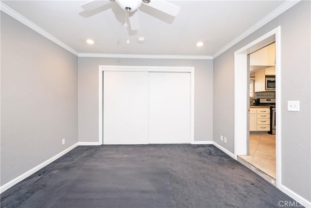 12711 Leroy Ave, Garden Grove, CA 92841 - unfurnished bedroom featuring a closet, crown molding, carpet floors, recessed lighting, and ceiling fan
