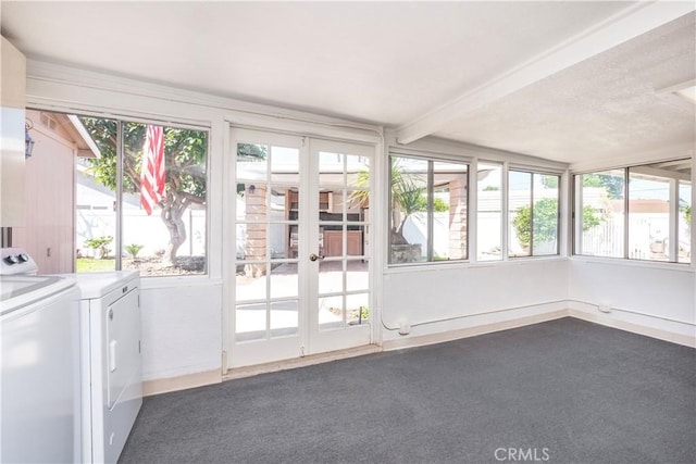 12711 Leroy Ave, Garden Grove, CA 92841 - unfurnished sunroom featuring independent washer and dryer, healthy amount of natural light, carpet, and beamed ceiling