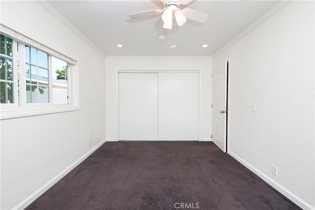 12711 Leroy Ave, Garden Grove, CA 92841 - unfurnished bedroom featuring dark carpet, ornamental molding, a closet, recessed lighting, and ceiling fan